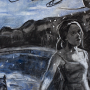 Pool Scene, 2015<br>charcoal & pastel on paper<br>50" x 38"